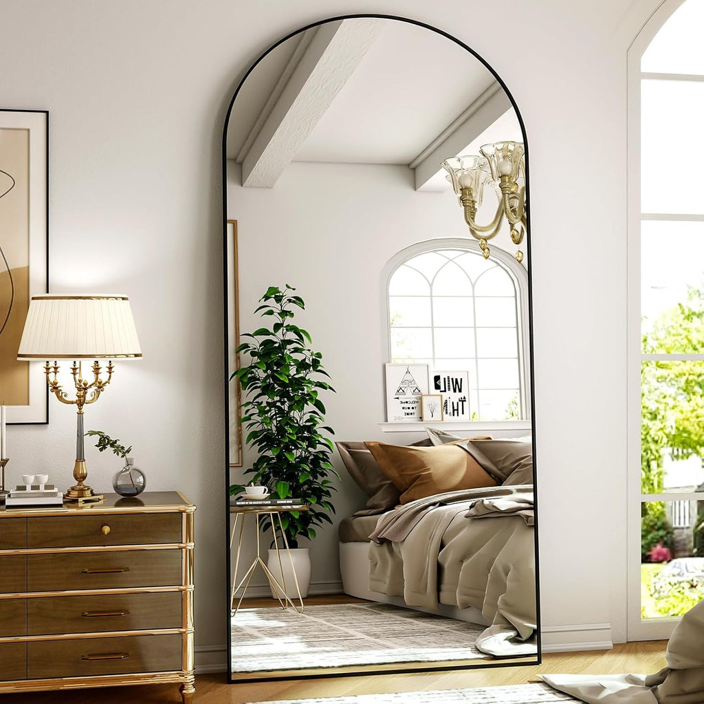 Arched Full Length Mirror 71x26 Inch Floor Standing Black Aluminum Frame-0
