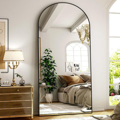Arched Full Length Mirror 71x26 Inch Floor Standing Black Aluminum Frame-0