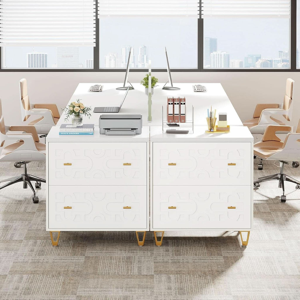Two Drawer Lateral File Cabinet White And Gold For Legal Letter A4 Files Printer Stand Home Office-4