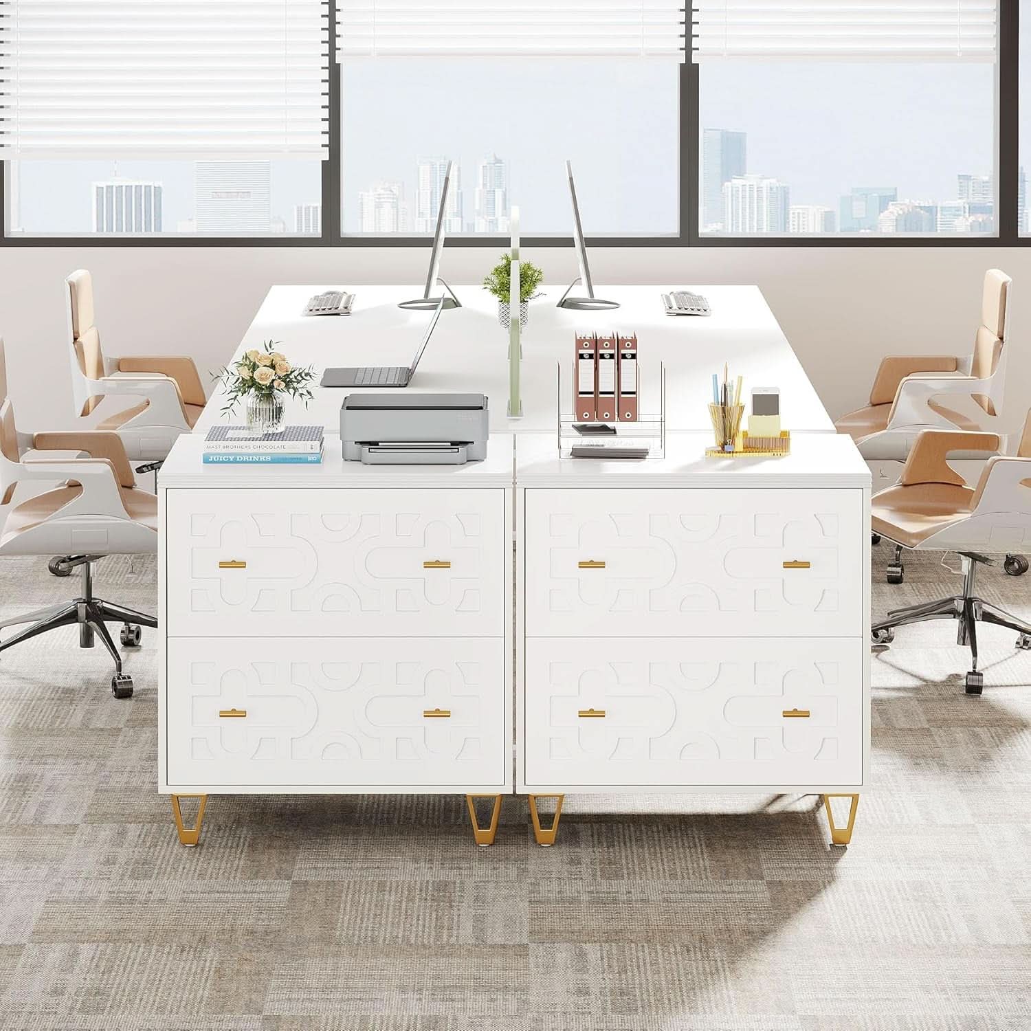 Two Drawer Lateral File Cabinet White And Gold For Legal Letter A4 Files Printer Stand Home Office-4
