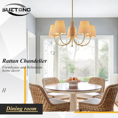 Antique Brass Boho Rattan Chandelier Pendant Dimmable-4