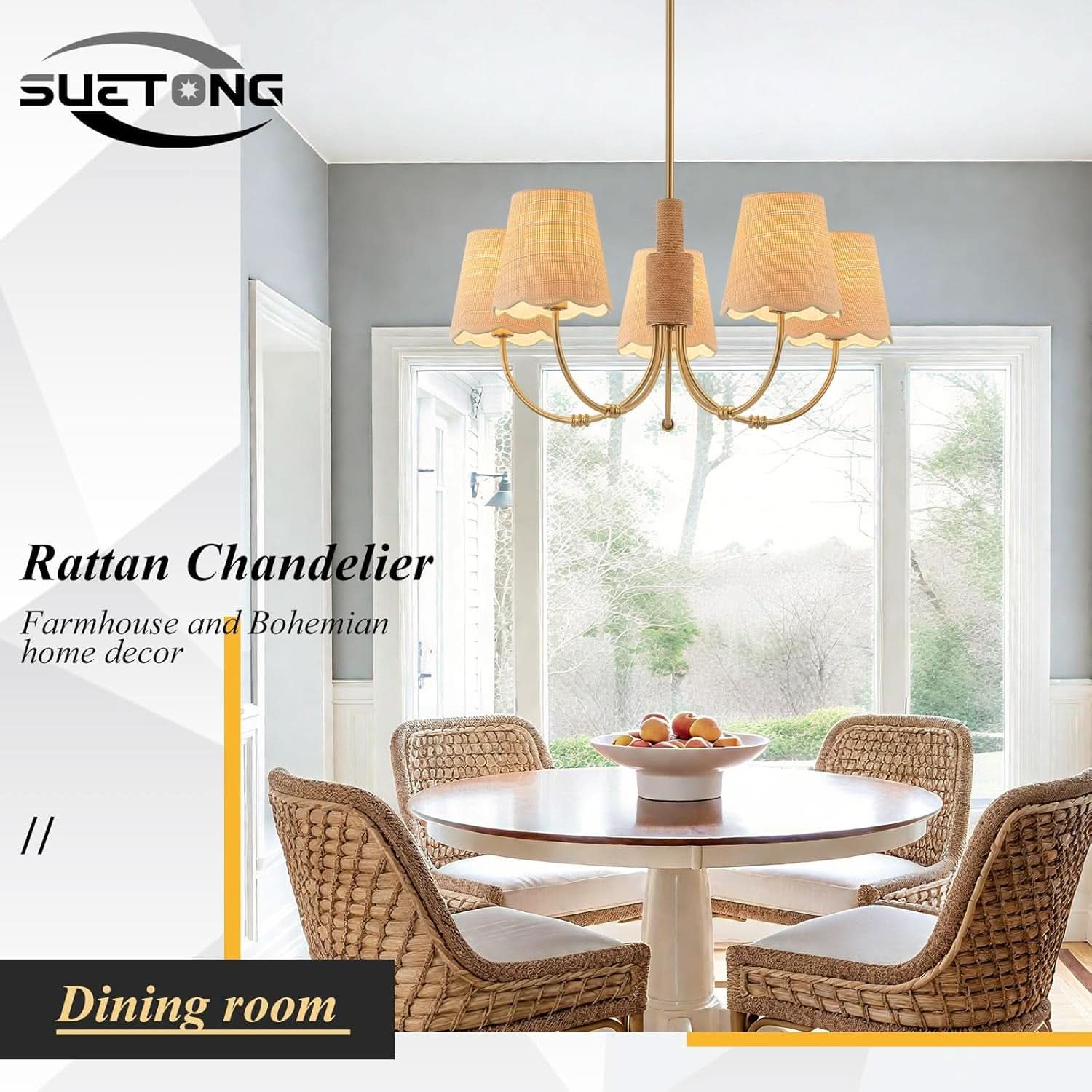 Antique Brass Boho Rattan Chandelier Pendant Dimmable-4