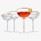 Vintage Crystal Champagne Coupe Gold Rim Hexagonal Angled Glasses | Set of 4 | 6 oz-0