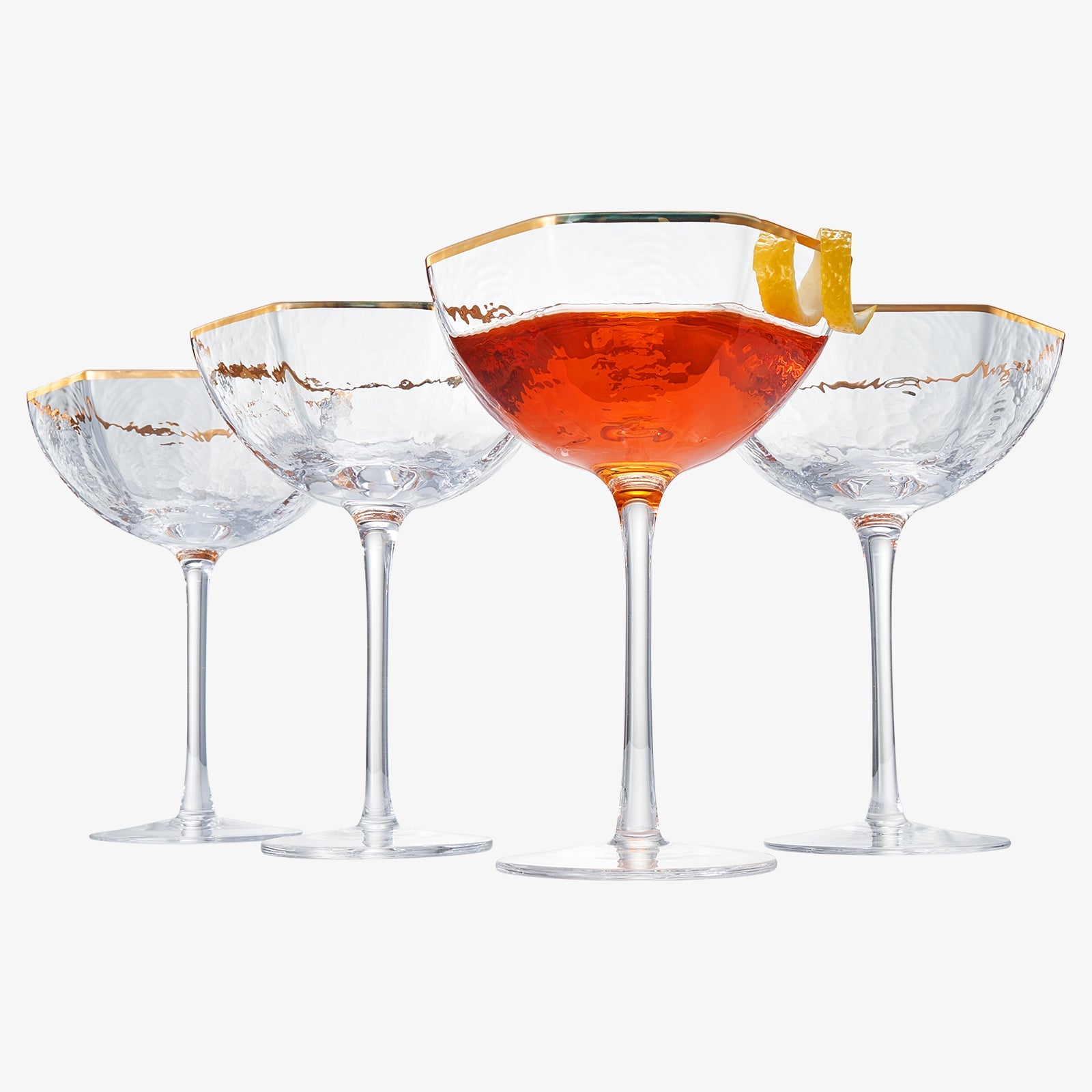 Vintage Crystal Champagne Coupe Gold Rim Hexagonal Angled Glasses | Set of 4 | 6 oz-0