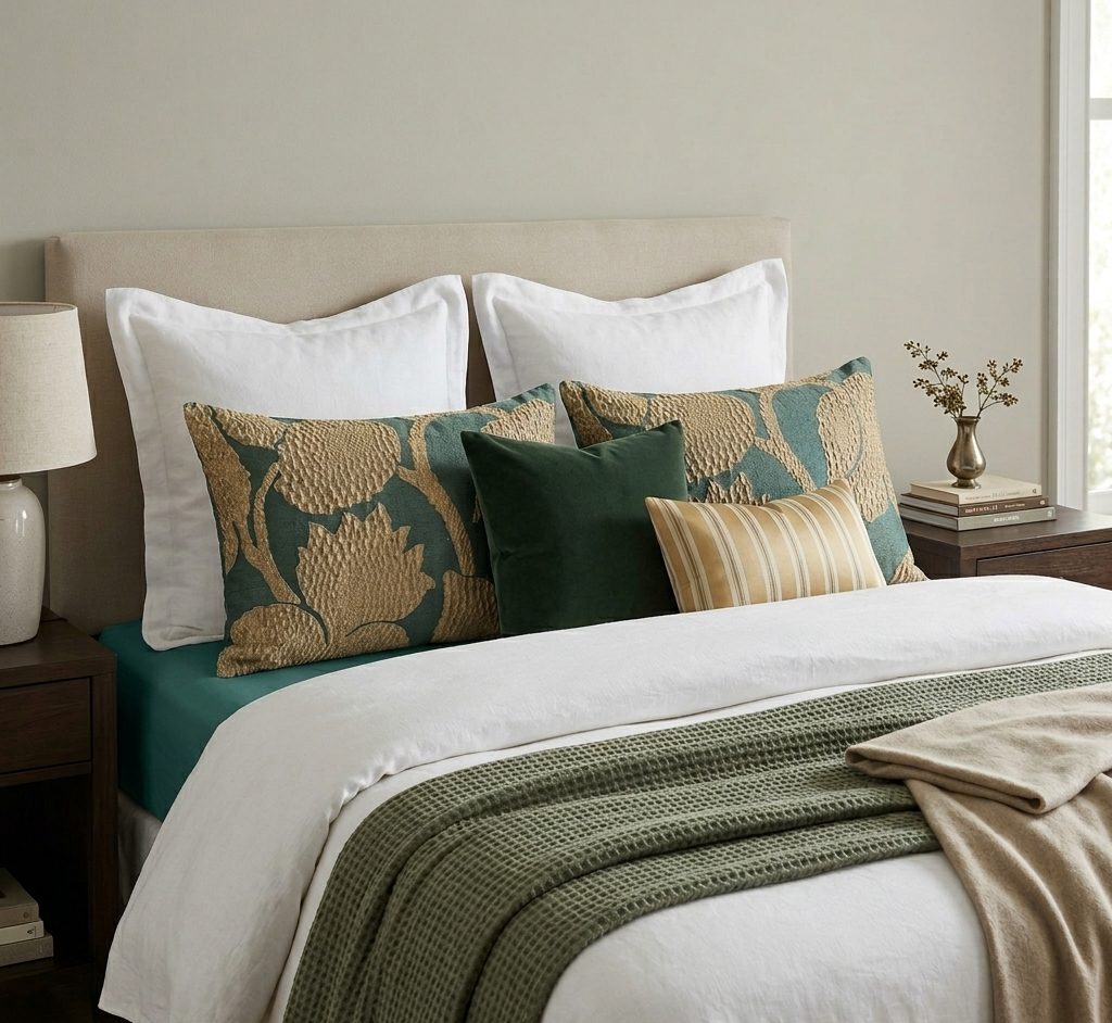 Neatly made bed with decorative pillows and a green throw blanket in a bedroom setting.
