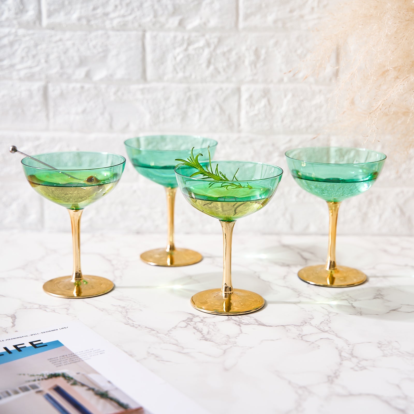 Colored Coupe Art Deco Glasses, Gold | Set of 4 | 8 oz (Green)-1