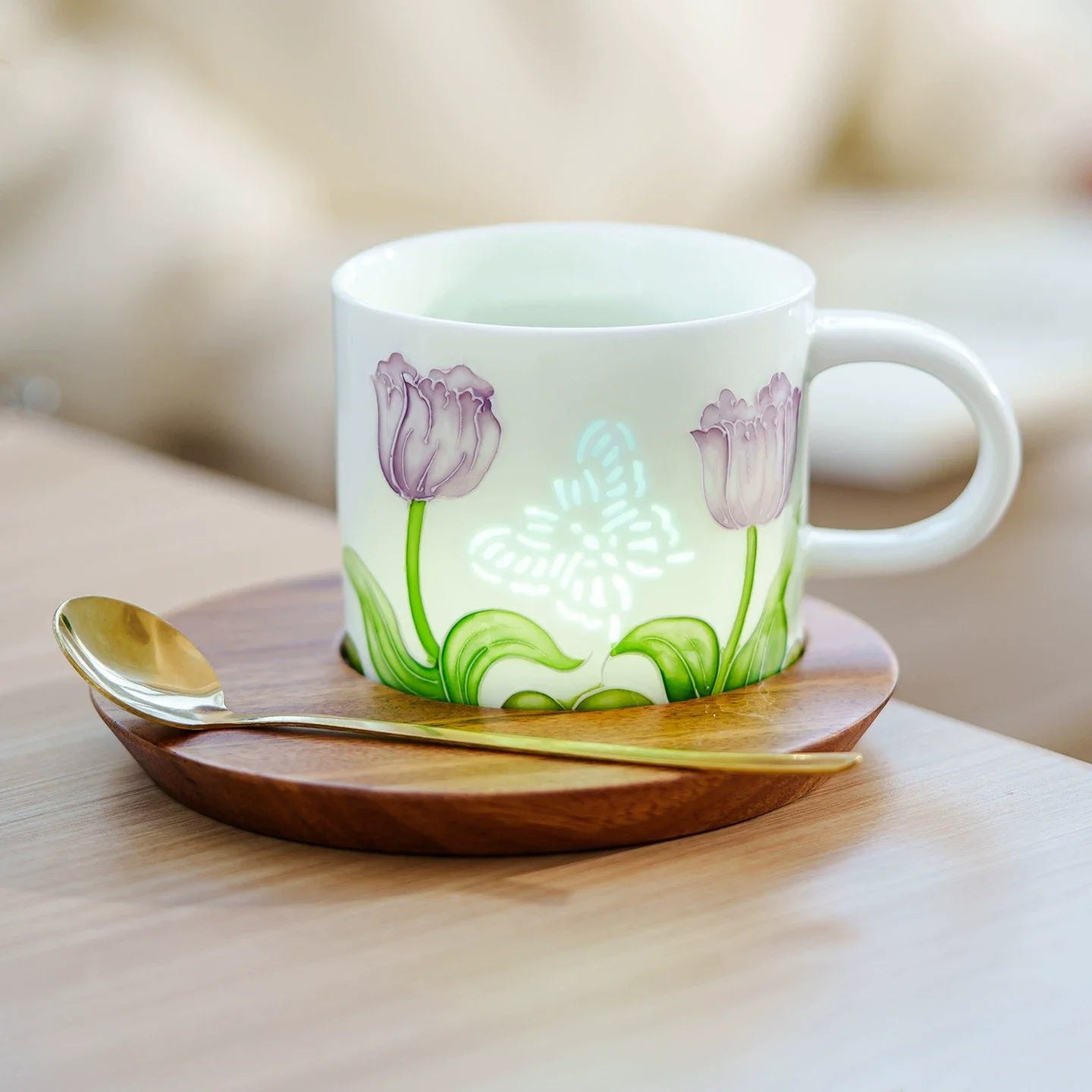 Secret Garden "Linglong" Translucent Porcelain Mug Set – Hand-Painted Botanical Series with Walnut Wood Coaster-3
