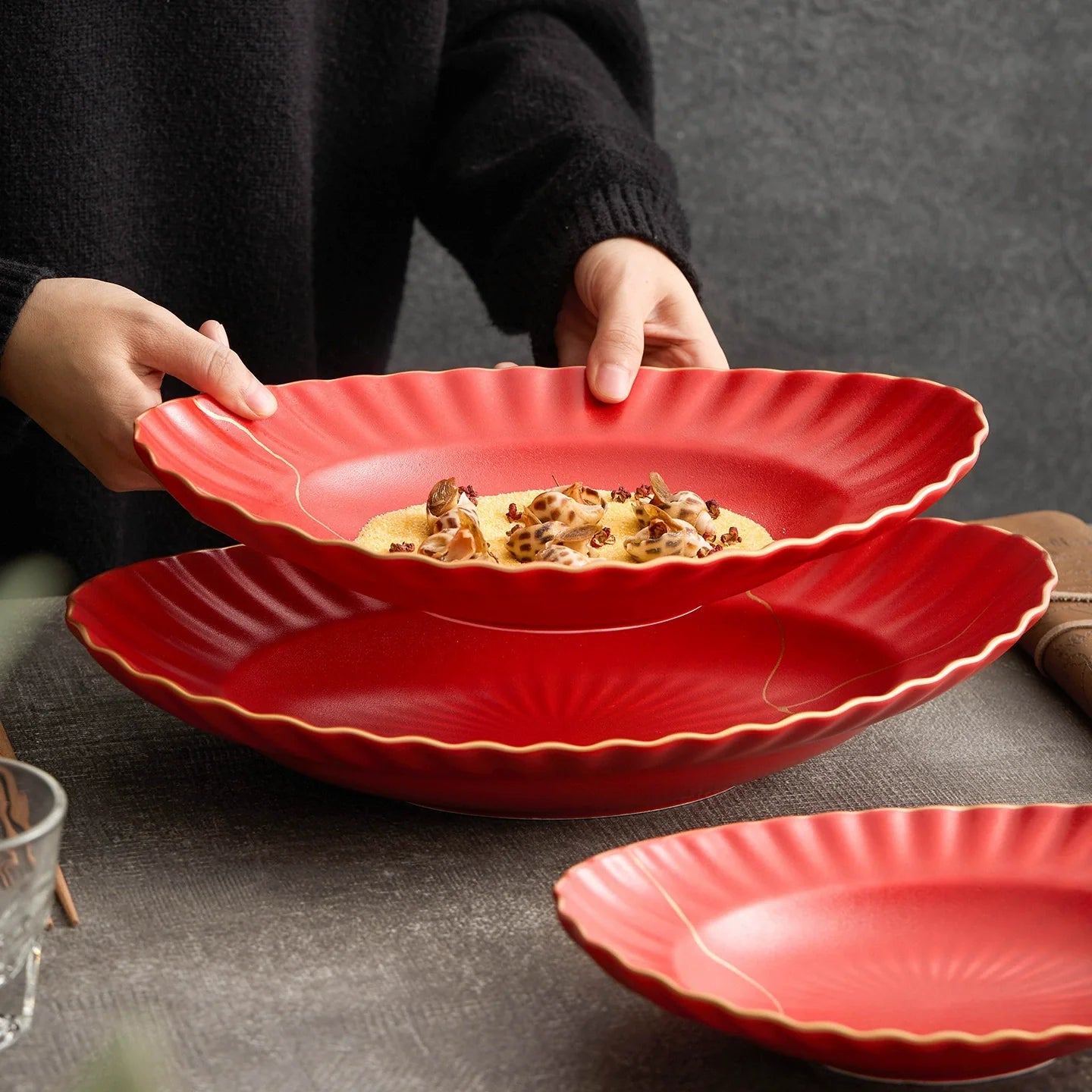 Red Vermilion Glazed Porcelain Serving Plate – Cold Dish Oval Plate Series-3