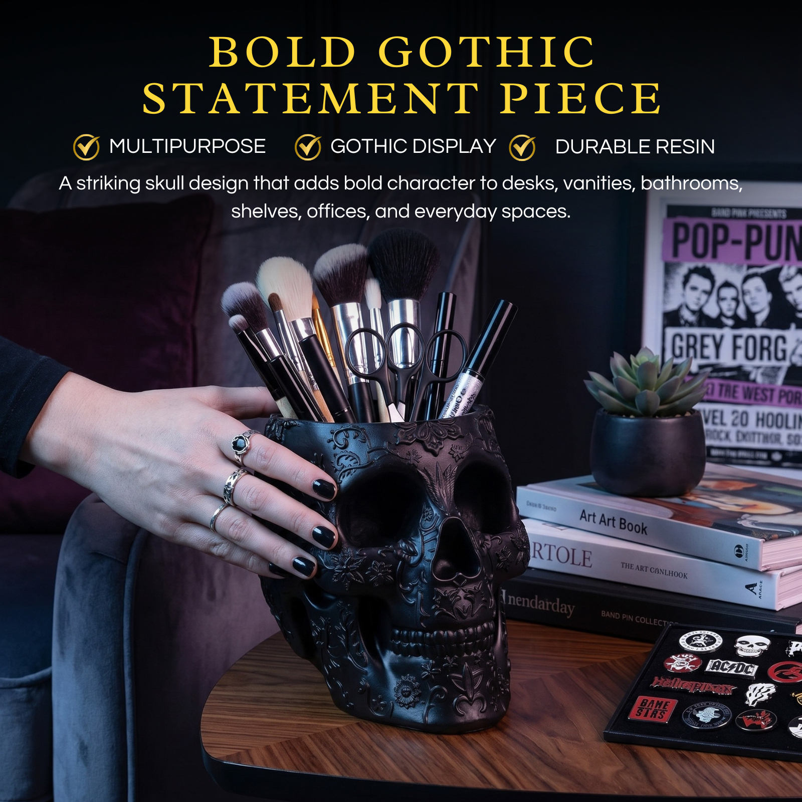 Skull Makeup Brush Holder, Pen Holder, Vanity, Desk (Black)-0