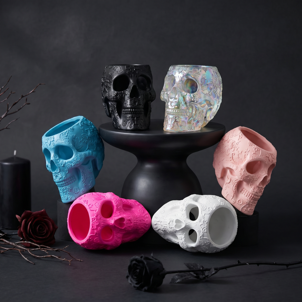 Skull Makeup Brush Holder, Pen Holder, Vanity, Desk (Black)-4