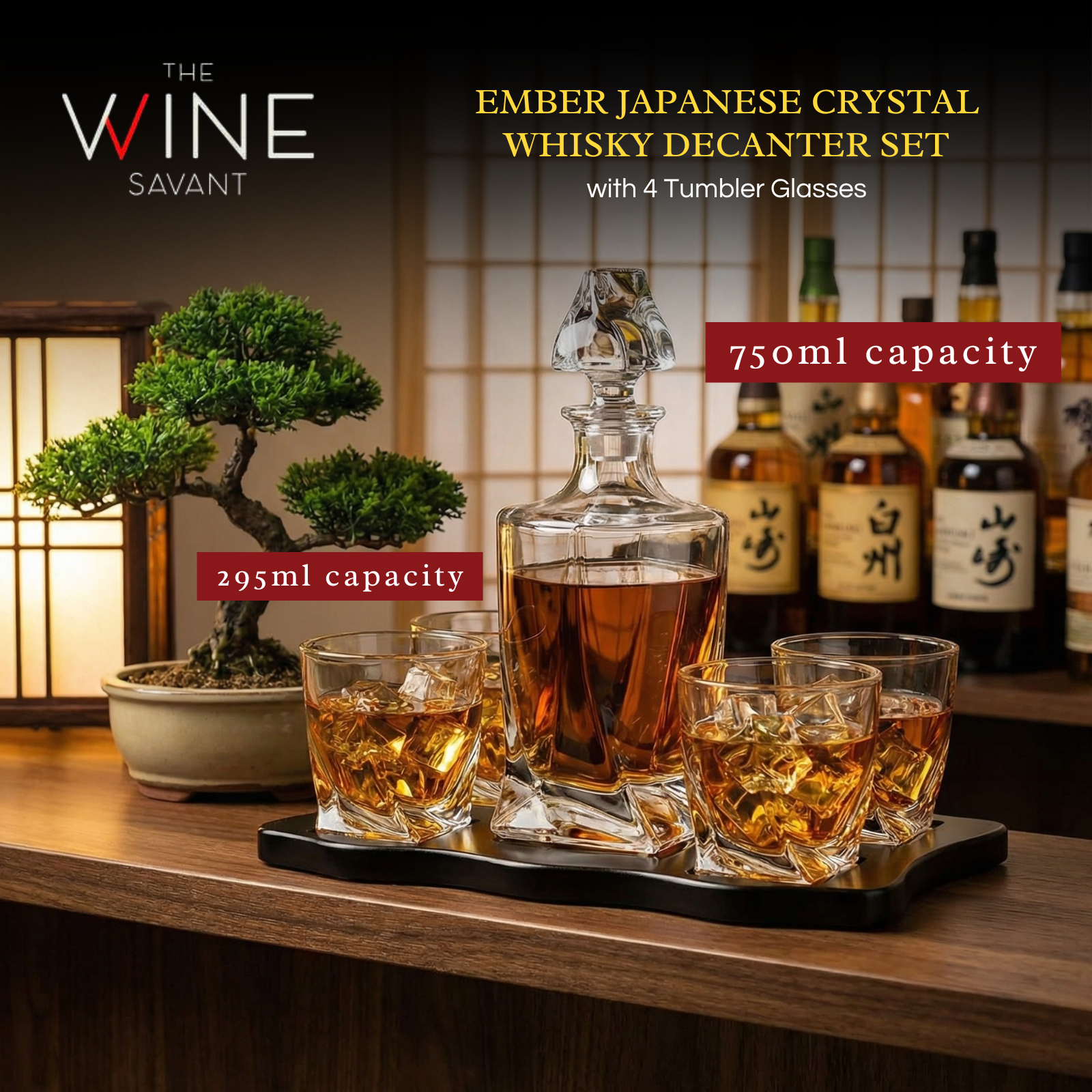 Ember Japanese Crystal Whisky Decanter Set with 4 Tumbler Rocks-1