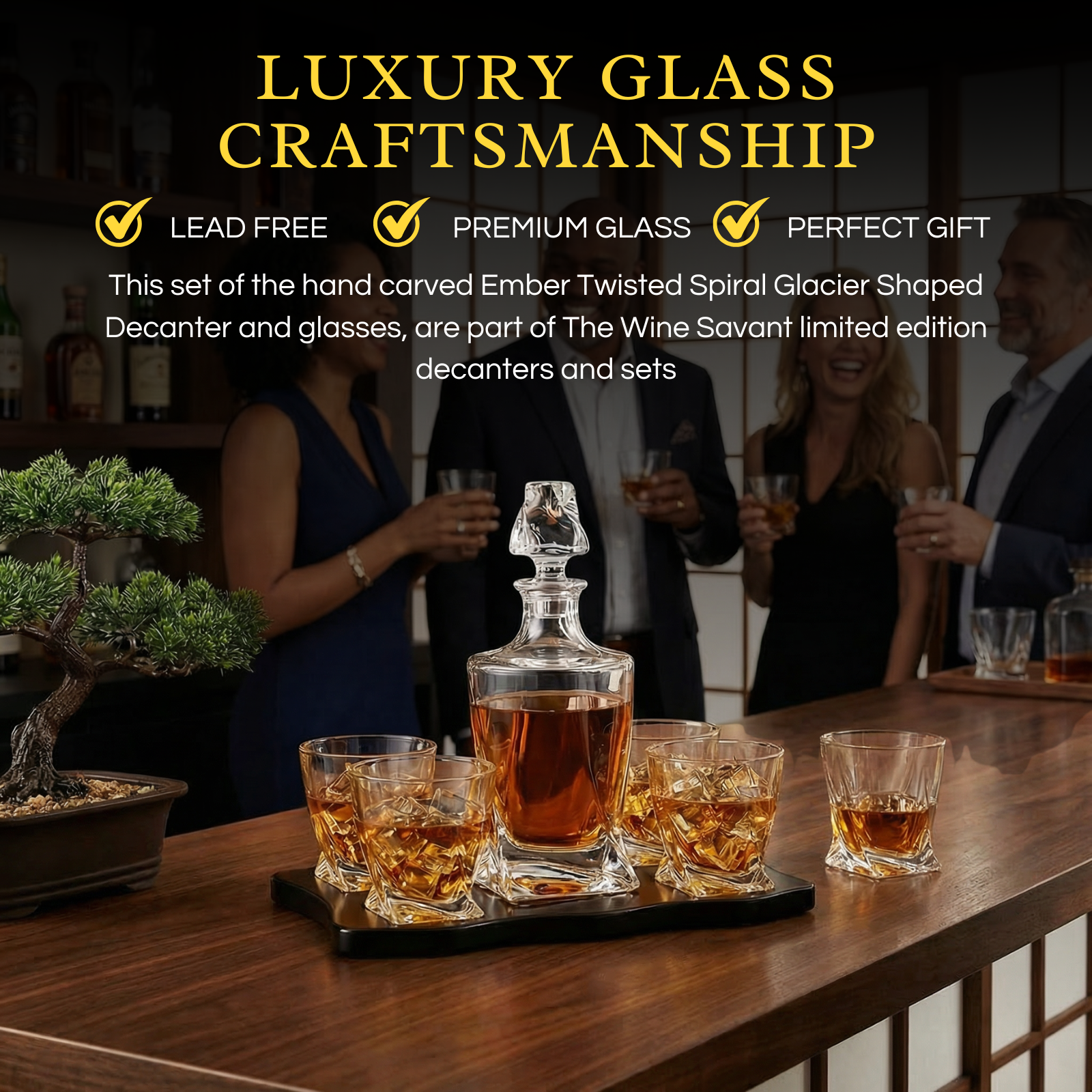 Ember Japanese Crystal Whisky Decanter Set with 4 Tumbler Rocks-3