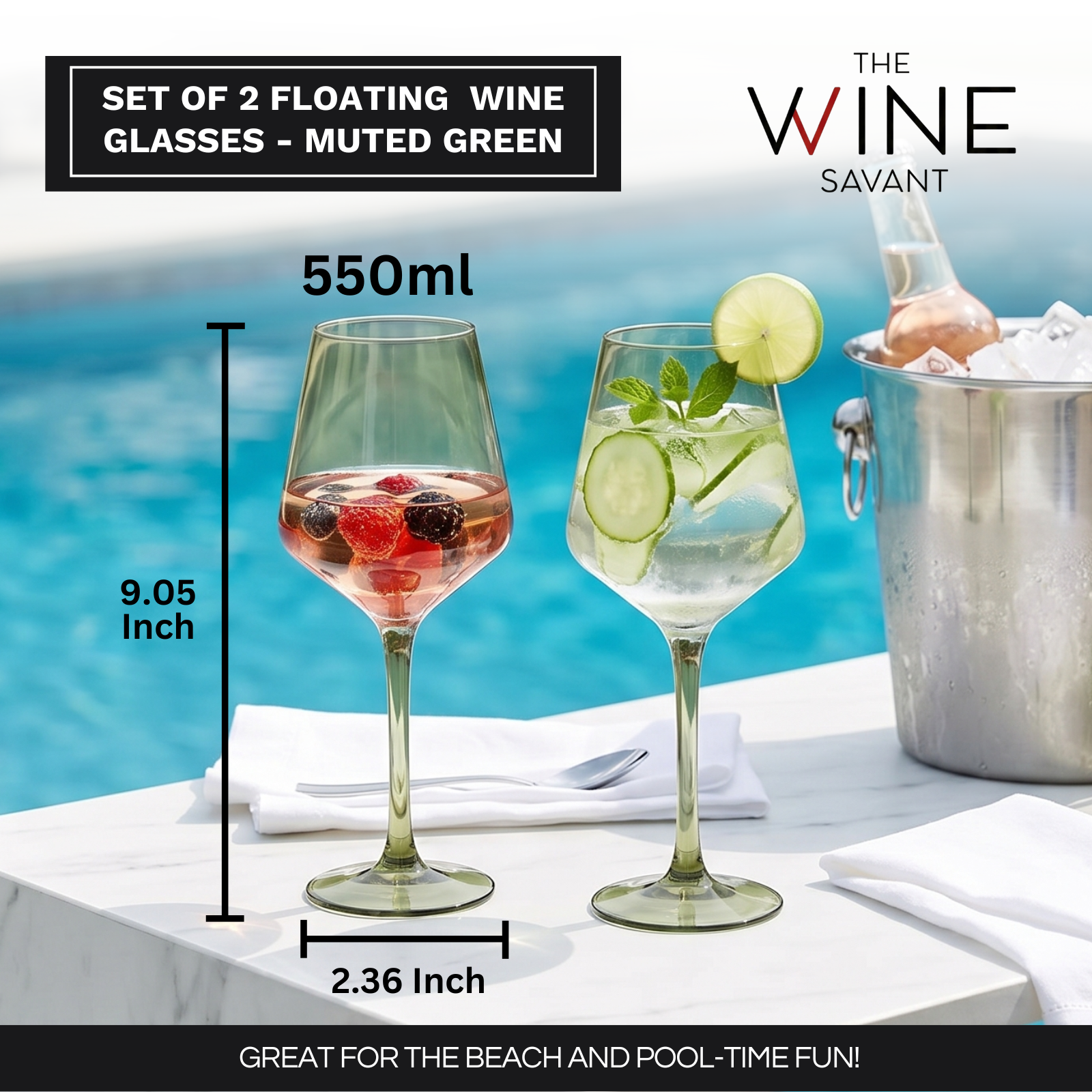 Floating Wine Glasses for Pool - Set of 2-15 OZ (Muted Green)-1