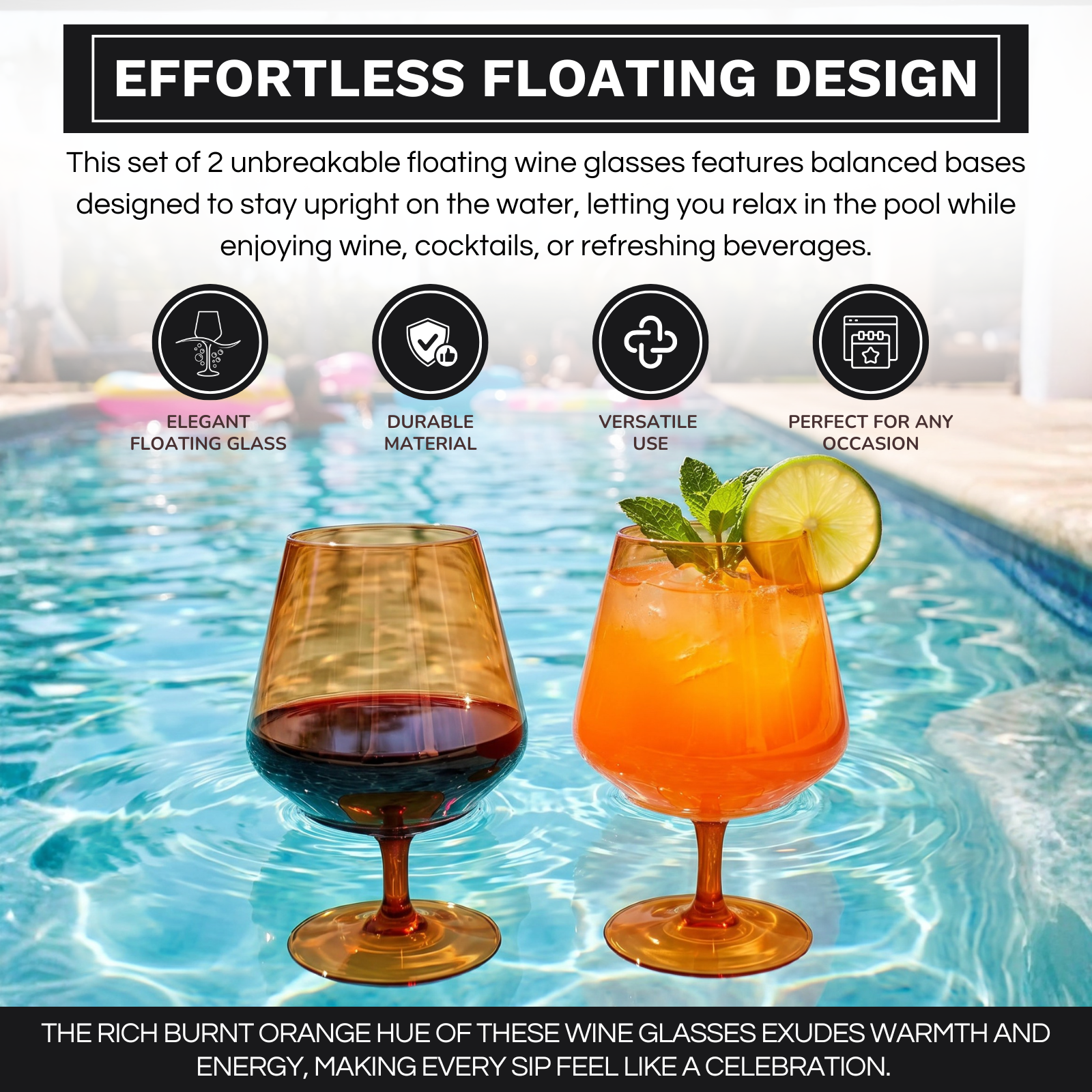 Floating Wine Glasses for Pool - Set of 2-18 OZ (Burnt Orange)-3