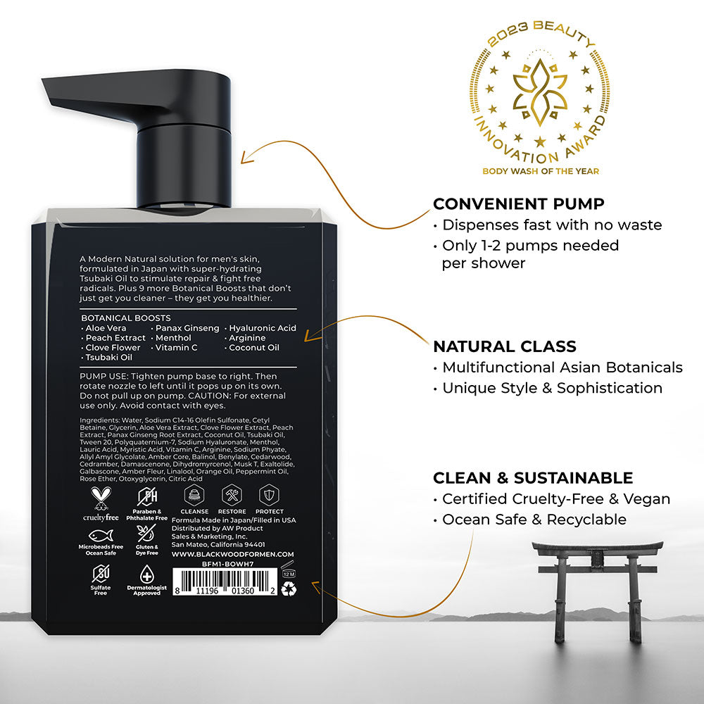 Back of a black bottle with pump, featuring text and an award on a white background