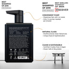 Black shampoo bottle with text highlighting features and awards on a white background