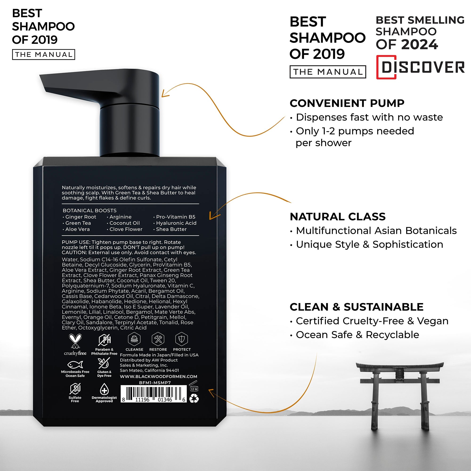 Black shampoo bottle with text highlighting features and awards on a white background