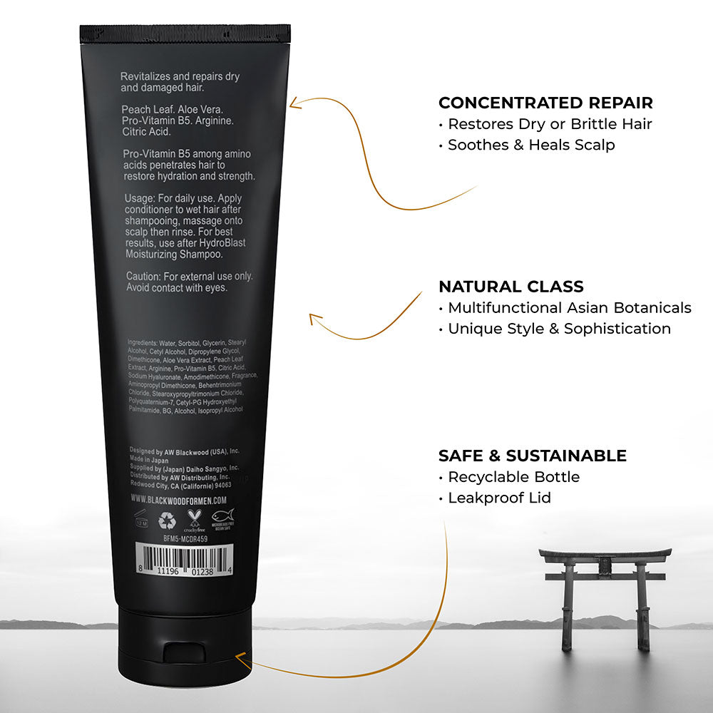 Black hair care product tube with text on a white background