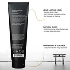 Black hair product tube with text on a white background