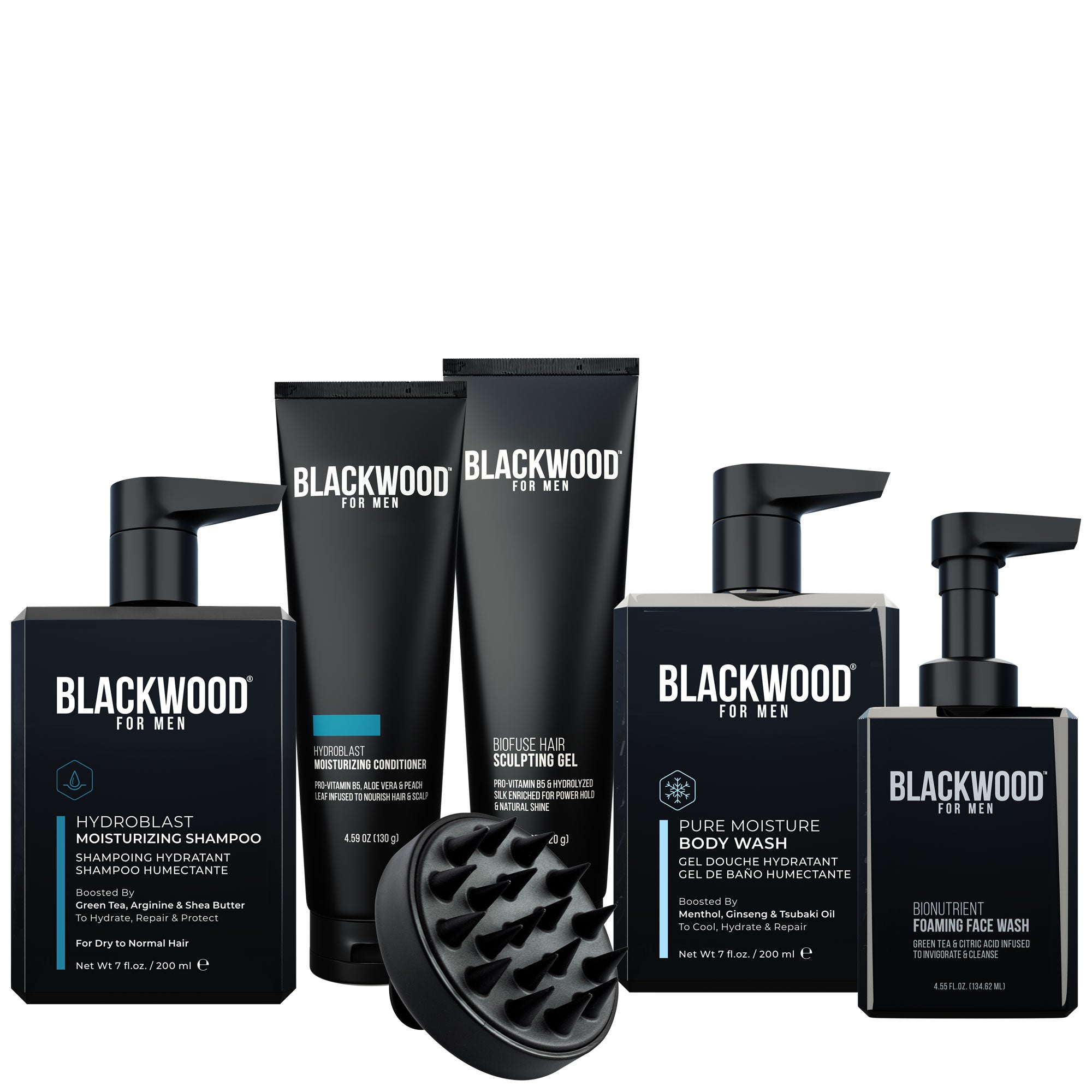 Blackwood men's grooming products including shampoo, conditioner, gel, body wash, and foaming face wash on a white background.