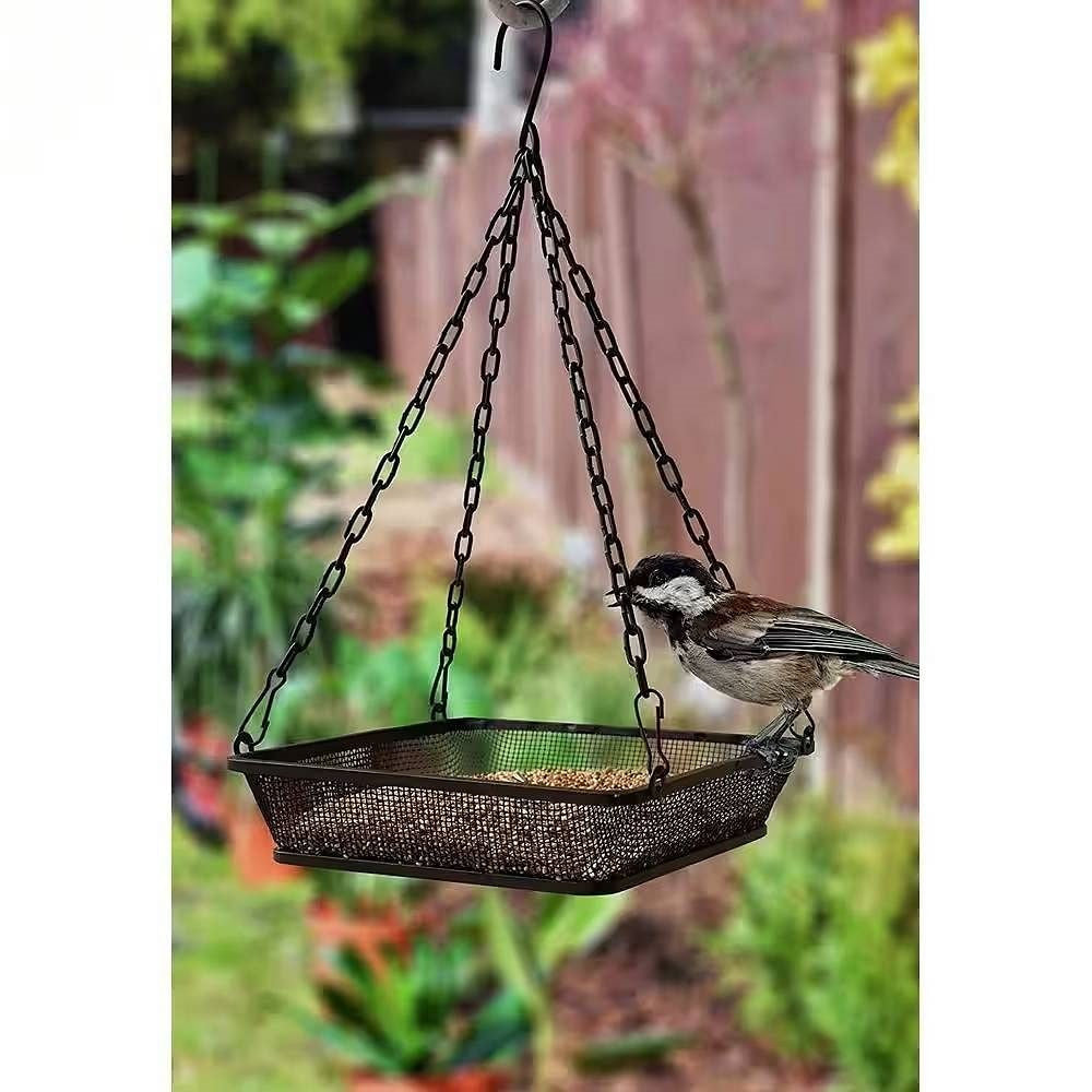 Heavy Duty Black Iron Mesh Bird Feeder Seed Tray with Easy to Hang Chain-0