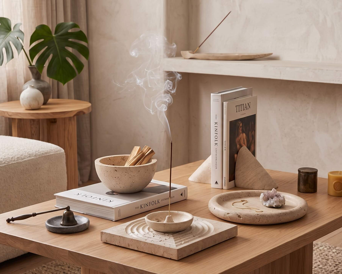 A styled wooden coffee table in a warm, minimalist living room setting, holding a stack of books, a bowl with incense sticks, a smoking incense burner, a small tray, and a candle.