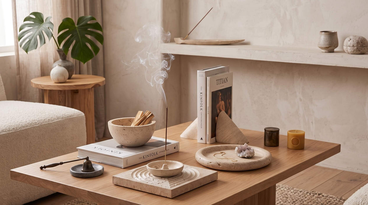 A styled wooden coffee table in a warm, minimalist living room setting, holding a stack of books, a bowl with incense sticks, a smoking incense burner, a small tray, and a candle.