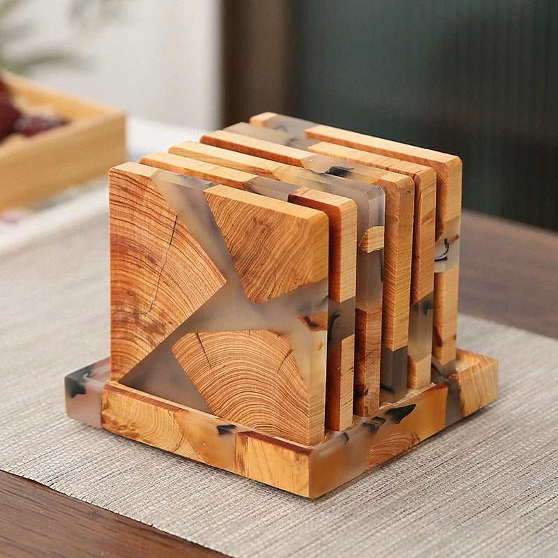 Biodegradable Pine Wood Resin Coasters with Ink Texture – 8cm Eco-Friendly Drink Mats-2