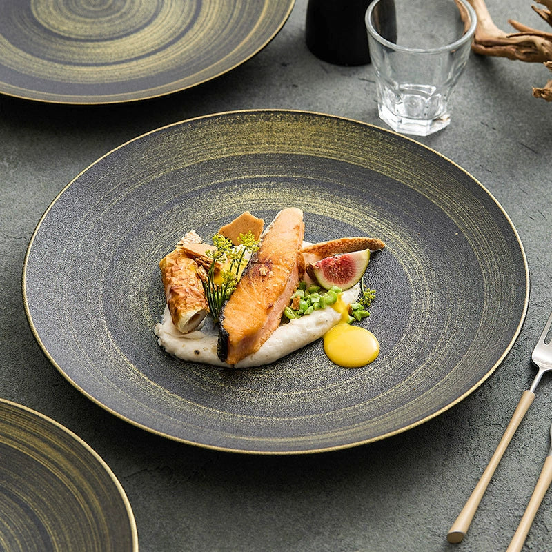 Luxury Black & Gold Ceramic Dinner Plate – Wujin Sand Textured Matte Glaze Fine Dining Tableware-0
