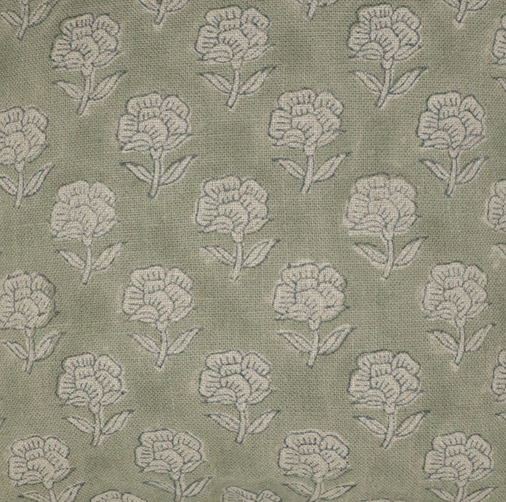 Floral Block Printed Linen Green Pillow Cover - Rohini