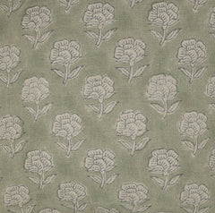 Floral Block Printed Linen Green Pillow Cover - Rohini