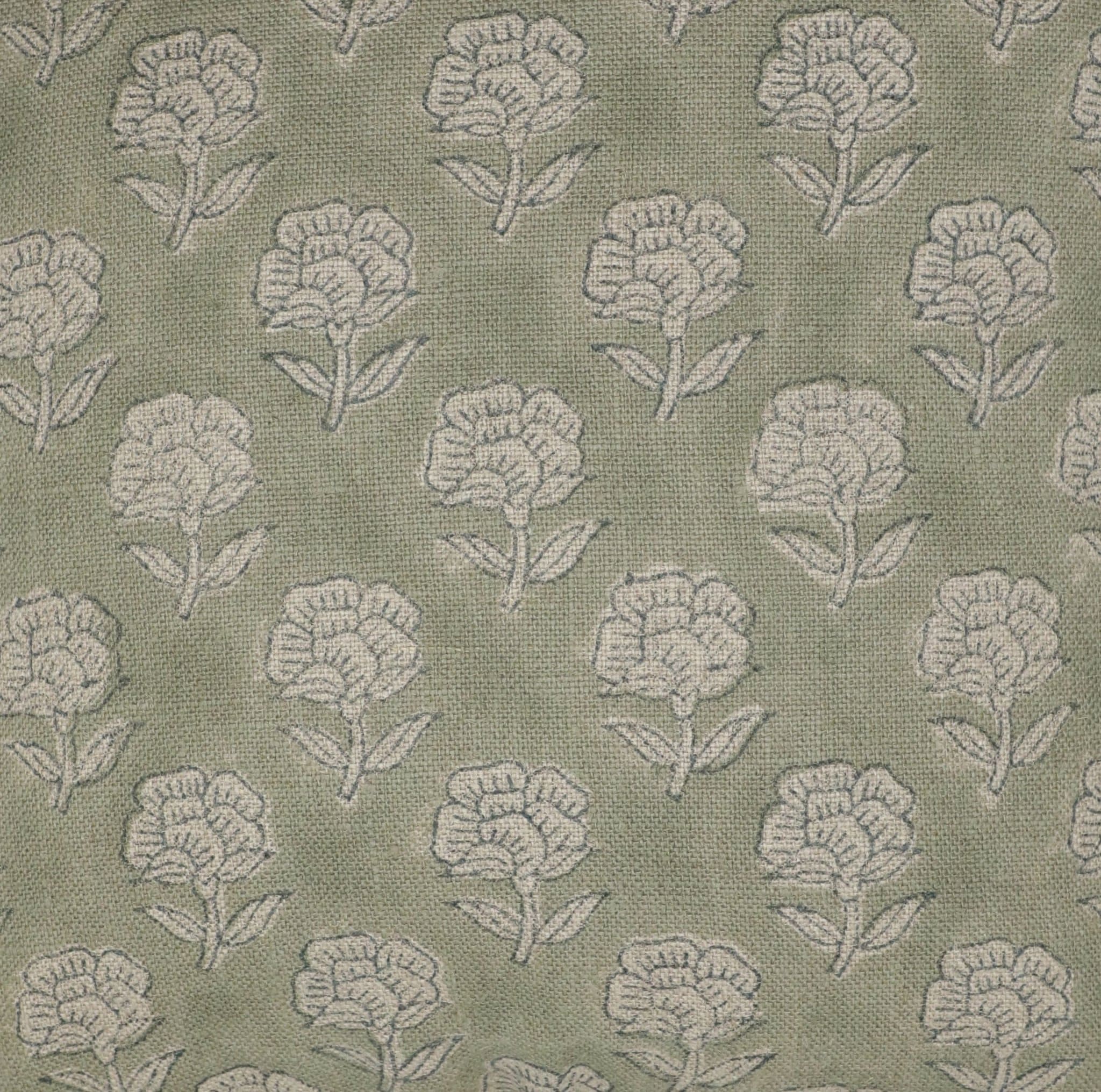 Floral Block Printed Linen Green Pillow Cover - Rohini