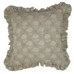 Floral Block Printed Linen Green Pillow Cover - Rohini