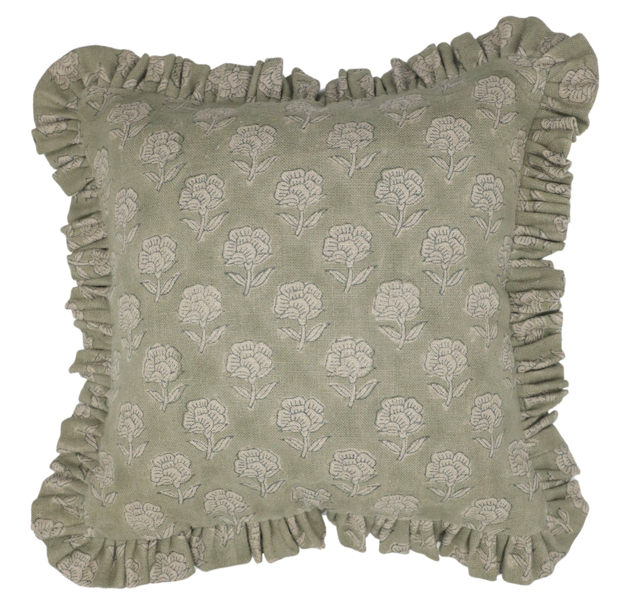 Floral Block Printed Linen Green Pillow Cover - Rohini