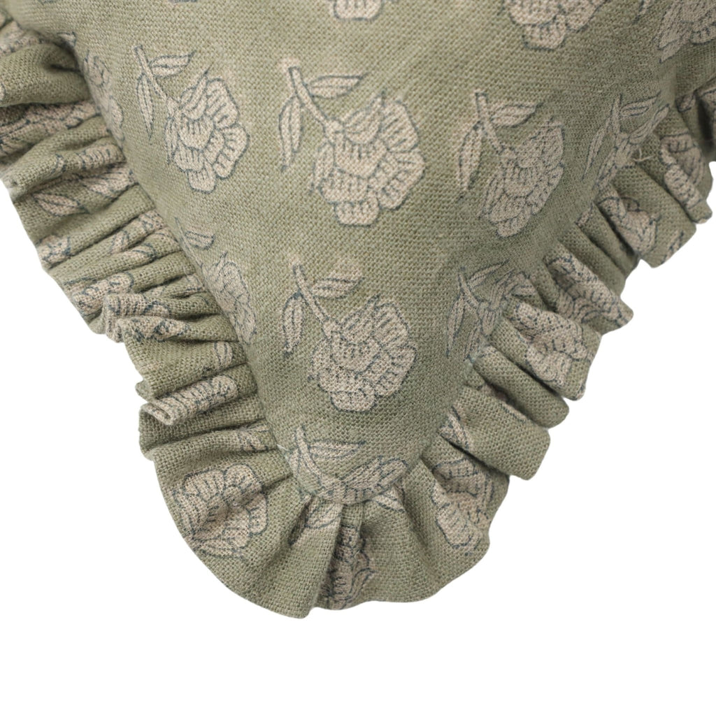 Floral Block Printed Linen Green Pillow Cover - Rohini