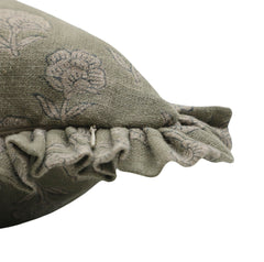 Floral Block Printed Linen Green Pillow Cover - Rohini