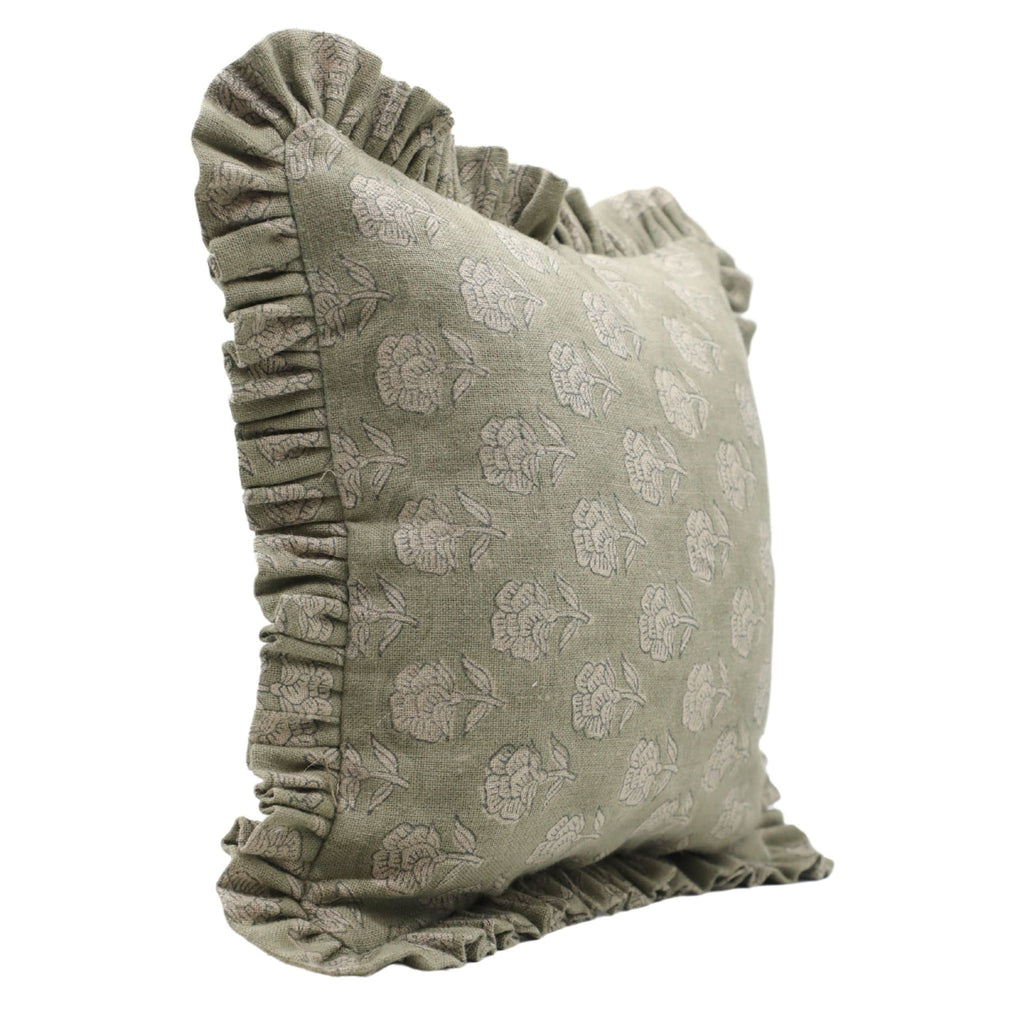 Floral Block Printed Linen Green Pillow Cover - Rohini