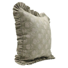 Floral Block Printed Linen Green Pillow Cover - Rohini