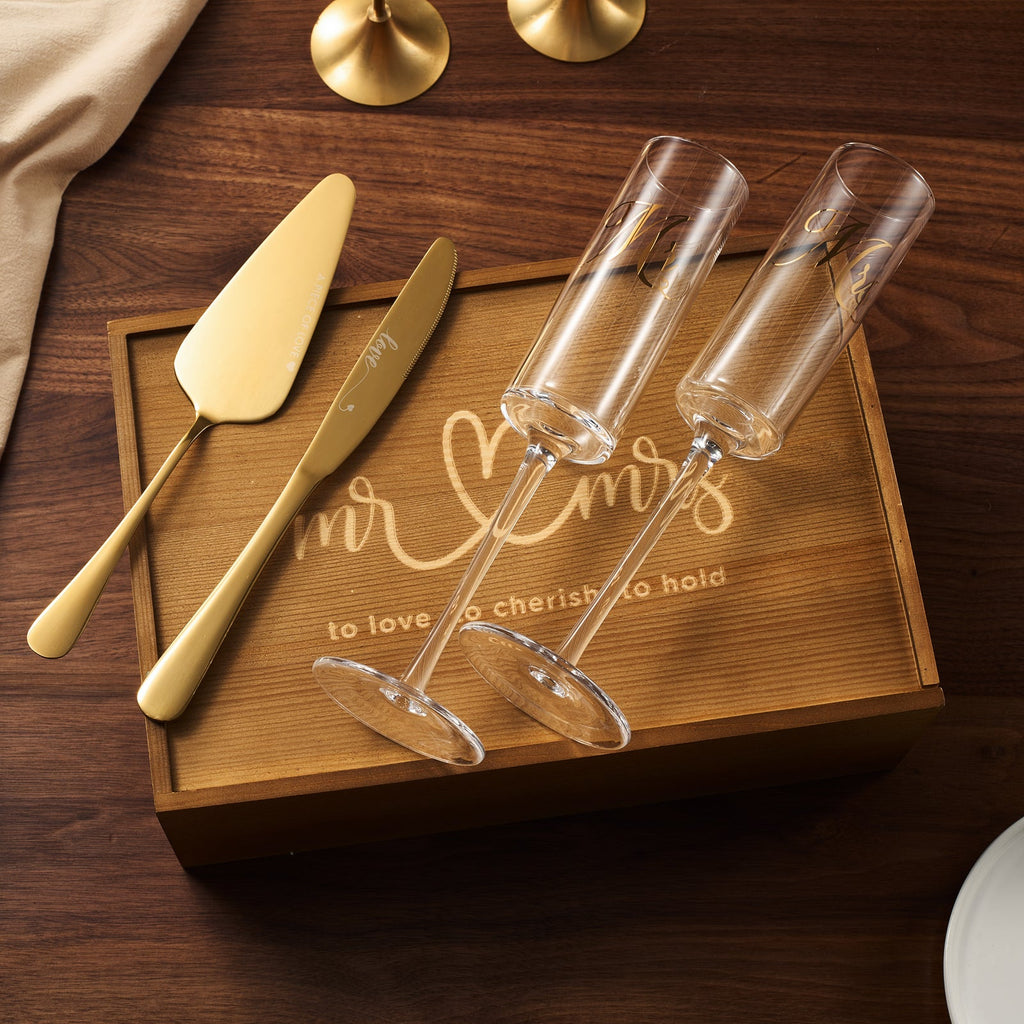 Wedding, Bridal Mr & Mrs Champagne Flutes Gift | Set of 2 (Gold)