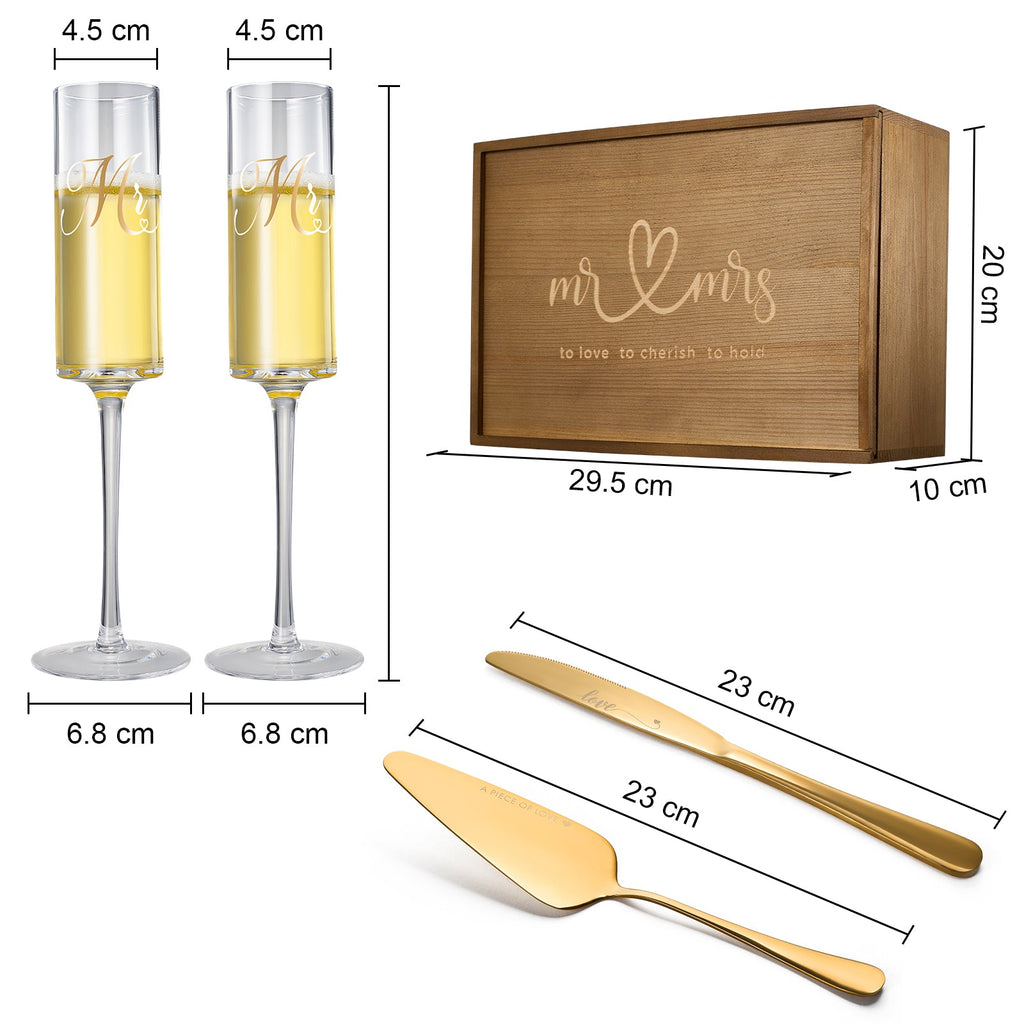 Wedding, Bridal Mr & Mrs Champagne Flutes Gift | Set of 2 (Gold)