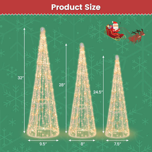 Set of 3 Pre-lit Christmas Cone Trees with Star Strings-2