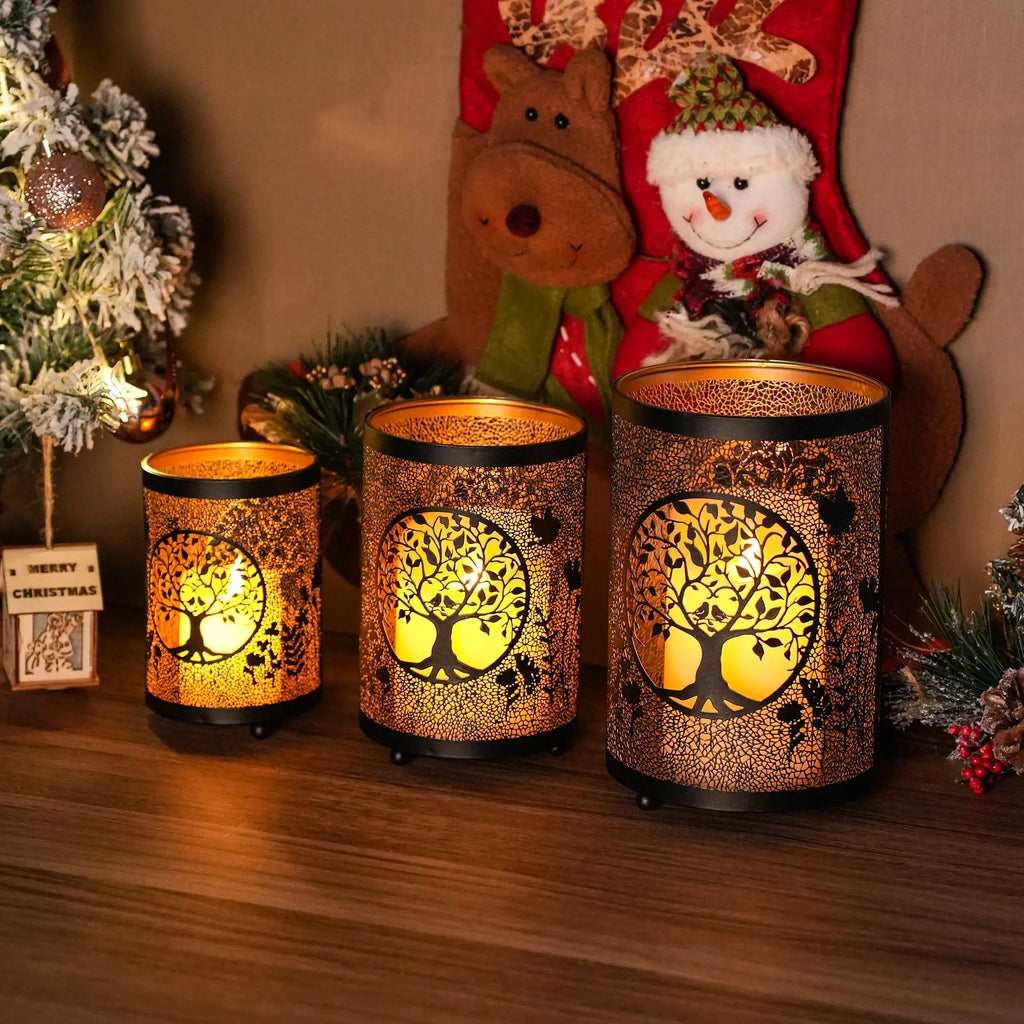 7" H Etched Metal Candle Holder Christmas Decorations Lantern-1