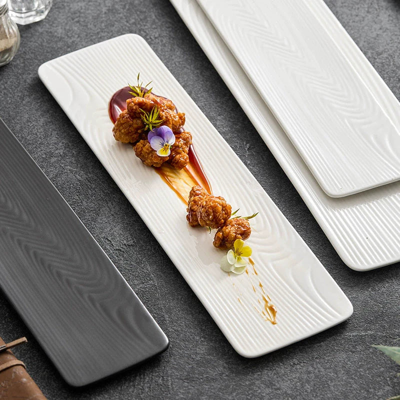 Ceramic Rectangular Sushi & Dessert Plate – Water-Pattern Tray in Black or White, 3 Sizes-0