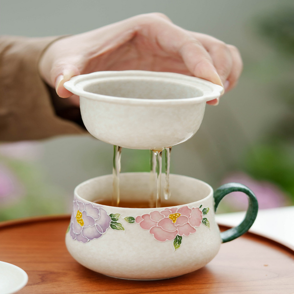 Hand-Painted Pastel Floral Ceramic Tea Cup with Lid – 123ml Traditional Gift Box Set-3