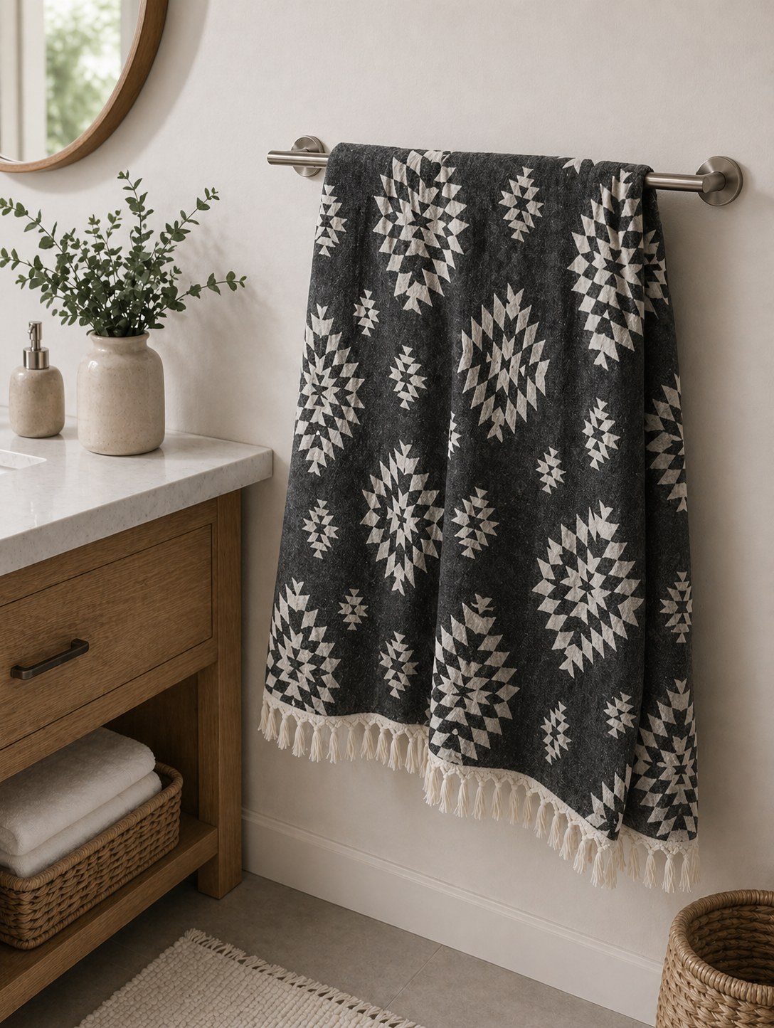 Black Aztec Turkish Towel – Lightweight Quick Dry Beach Towel, Boho Bathroom Decor, Turkish Cotton Bath Towel, Travel & Picnic Blanket-1
