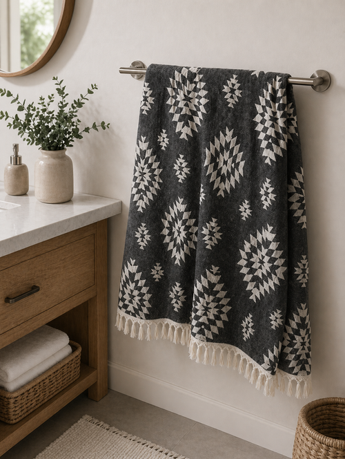 Black Aztec Turkish Towel – Lightweight Quick Dry Beach Towel, Boho Bathroom Decor, Turkish Cotton Bath Towel, Travel & Picnic Blanket-1