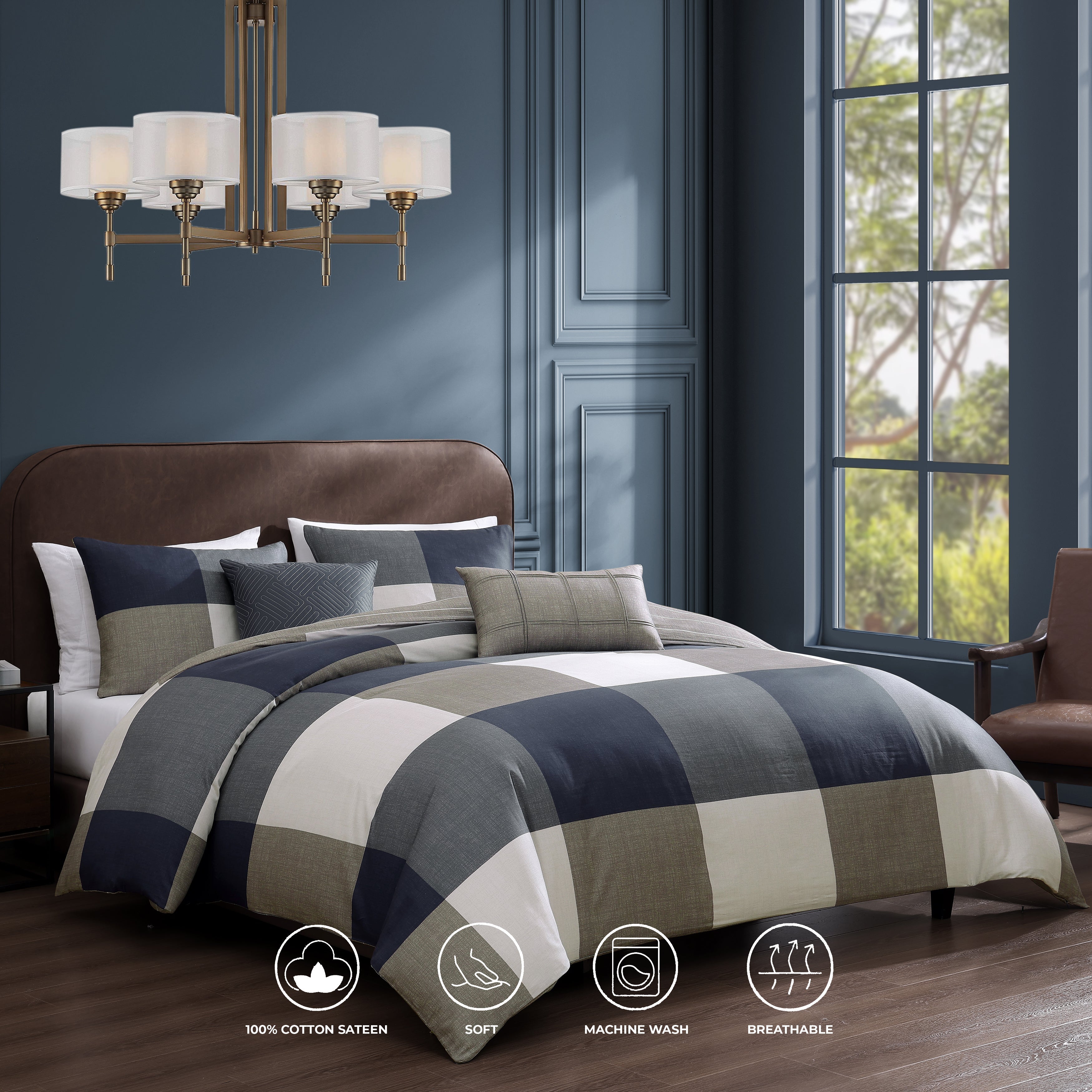 Bebejan Checkered Navy Tan 5 Piece Reversible Comforter Set