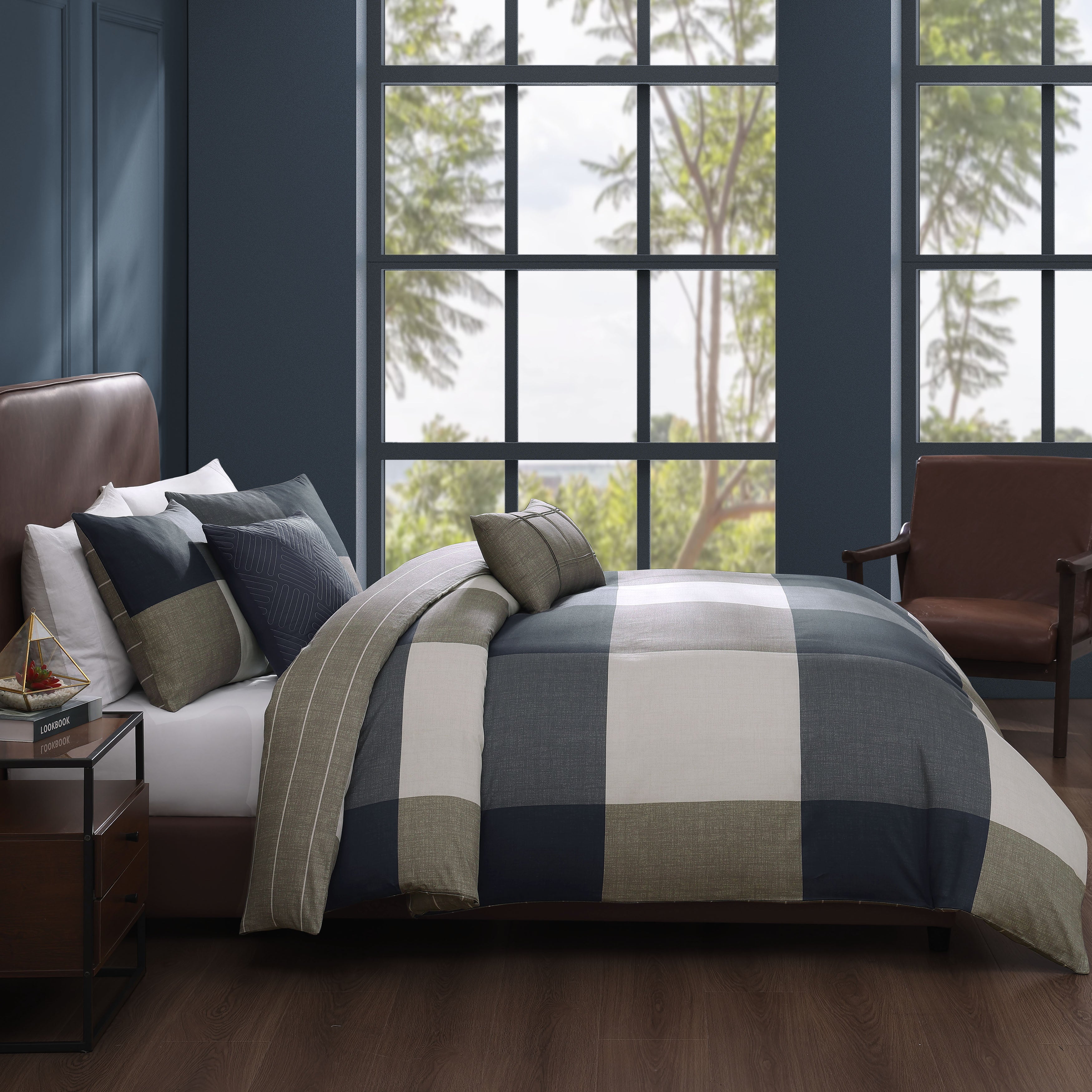 Bebejan Checkered Navy Tan 5 Piece Reversible Comforter Set