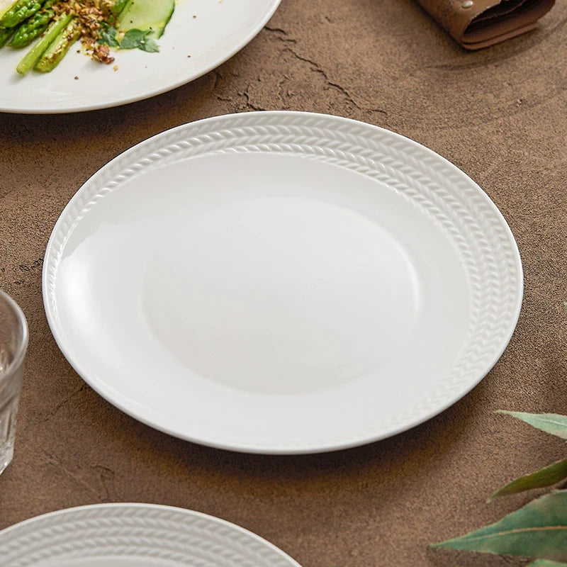 Braided Rim White Ceramic Plate – Elegant Textured Porcelain Dinnerware-3