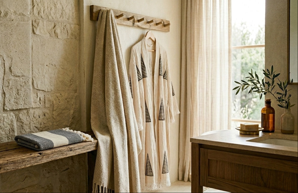 Bathroom with stone wall, wooden bench, and towel rack with hanging towels.